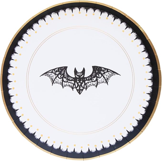Bonjour Fete Halloween Dessert Plates, Black Lace Bat Paper Plates, 8 Pack - skull plate