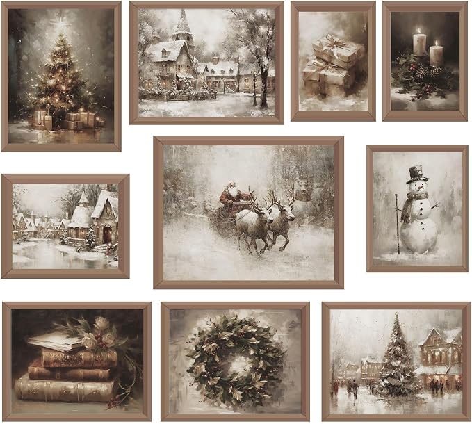Whaline 10Pcs Christmas Vintage Wall Art Prints Retro Xmas Tree Santa Snowman Paper Posters Winter Rustic Picture Decoration For Party Gallery Living Room Office, Unframed - skull wall art