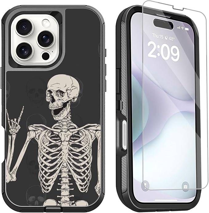 Compatible for iPhone 16 Pro Case with Screen Protector Rock and Roll Skeleton Design, Full Body Rugged Heavy Duty Shockproof Protective Phone Case for iPhone 16 Pro 6.3inch, Skull Hippie - Skull phone case
