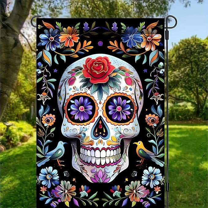 Floral Skull Garden Flag 12x18 Inch Polyester - skull floor mat