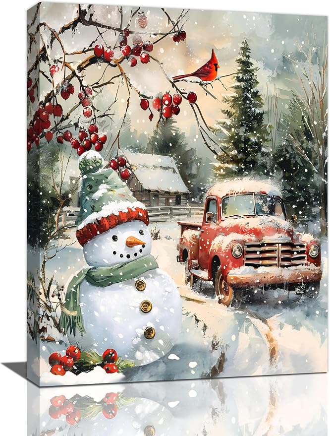 Christmas Decor Snowman Wall Art Winter Farmhouse Red Truck Pictures Wall Decor Cardinal Canvas Canvas Painting Print Modern Home Decorations Artwork for Bathroom Bedroom Living Room Kitchen 12"x16" - skull wall art