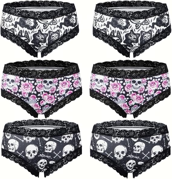 6-Pack Gothic & Cute Cheeky Panties for Women - Skull Lace Underwear Set - skull swimsuit