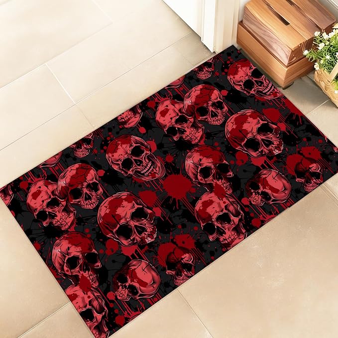 Gothic Red Skull Indoor Door Mat – Stylish 17x29.5in Non-Woven Fabric Floor Doormat with Goth Horror Design, for Porch Insider,Bedroom,Living Room – Halloween Decor Rug Gifts - skull floor mat