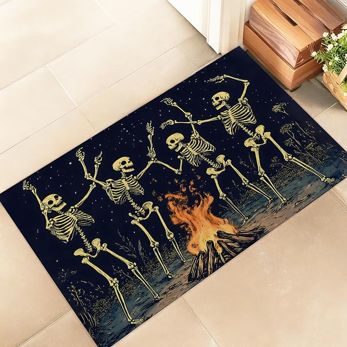 Dancing Skeletons Around Campfire Indoor Door Mat – Stylish 17x29.5in Non-Woven Fabric Floor Doormat with Gothic Design, for Porch Insider,Bedroom,Living Room – Halloween Goth Decor Rug Gifts - skull carpet