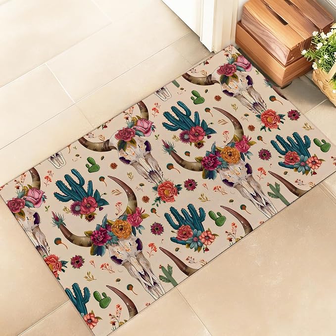 Cow Bull Skull Retro Indoor Door Mat – Stylish 17x29.5in Non-Woven Fabric Floor Doormat with Western Cactus Vintage Design, for Porch Insider,Bedroom,Living Room - Boho Decor Rug Gifts - skull floor mat