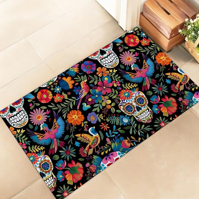 Day of The Dead Sugar Skull Indoor Door Mat – Stylish 17x29.5in Non-Woven Fabric Floor Doormat with Floral Skull Design, for Porch Insider,Bedroom,Living Room – Halloween Decor Rug Gifts - skull toilet mat