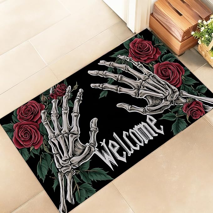 Gothic Skeleton Hand Indoor Door Mat – Stylish 17x29.5in Non-Woven Fabric Floor Doormat with Goth Rose Design, for Porch Insider,Bedroom,Living Room – Halloween Festival Decor Rug Gifts - skull carpet