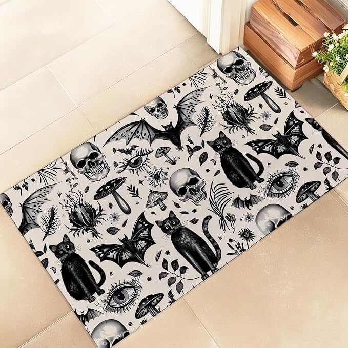 Gothic Black Cat and Skull Indoor Door Mat – Stylish 17x29.5in Non-Woven Fabric Floor Doormat with Vintage Occult Design, for Porch Insider,Bedroom,Living Room – Halloween Goth Decor Rug Gifts - skull floor mat
