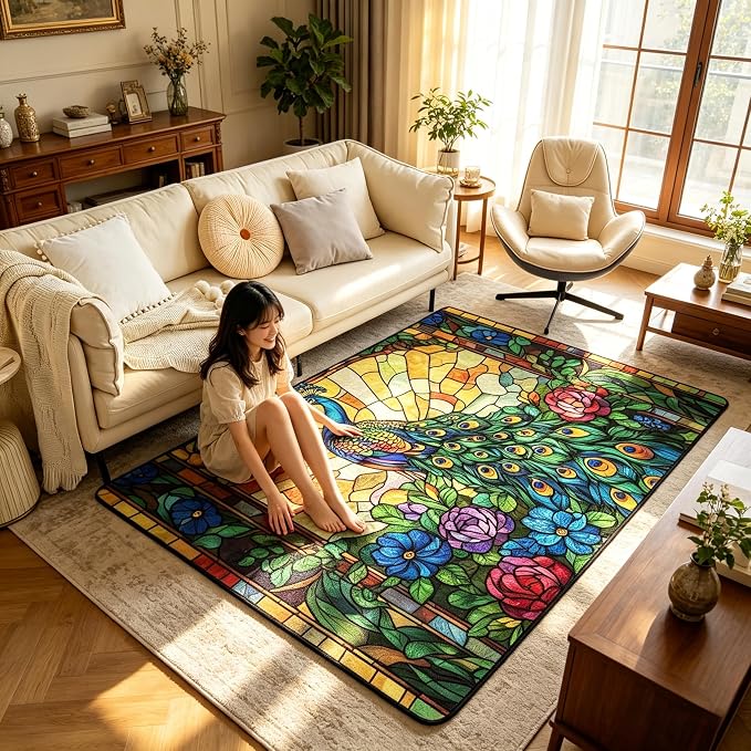 Peacock Kids Area Rug,Rose Flowers Feather Wild Animals Rustic Mats Rugs for Boys Girls,Geometric Grids Abstract Bath Carpets,Green Retro Chic Bath Rugs,Absorbent Floor Mats,3'x5' - skull carpet