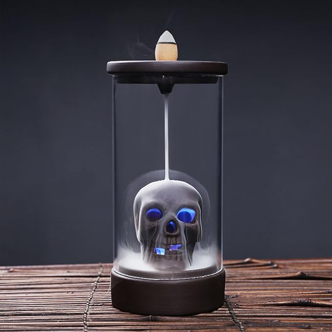 Skull Backflow Incense Burner Ceramic Holder, 6.5" H - skull incense burner
