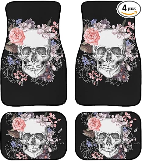Sugar Rose Skull Pattern Car Floor Mats Custom Pink Floral Sugar Skeleton Gothic Skull Flower Design Floor Mats for Cars Universal Front Rear Car Rugs Auto Car Accessories for Car Truck - skull floor mat