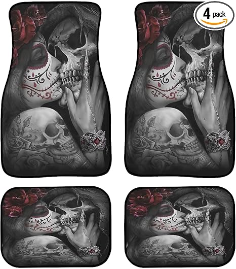 Love Sugar Skulls Car Floor Mats Custom Sugar Skeleton Lovers Girl with Rose Gothic Skull Flower Design Floor Mats for Cars Universal Front Rear Car Rugs Auto Car Accessories for Car Truck - skull floor mat
