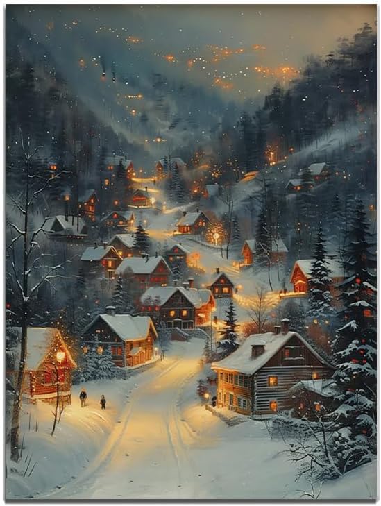 Winter village Wall Art enchanting snow covered town houses cozy sene night wall art Christmas decor 16x24"Unframed - skull wall art