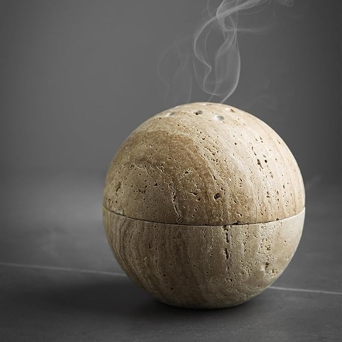 Handmade Travertine Stone Incense Resin Burner Holder – Natural Stone Incense Burner with Brass Insert for Home Decor & Relaxation - skull incense burner