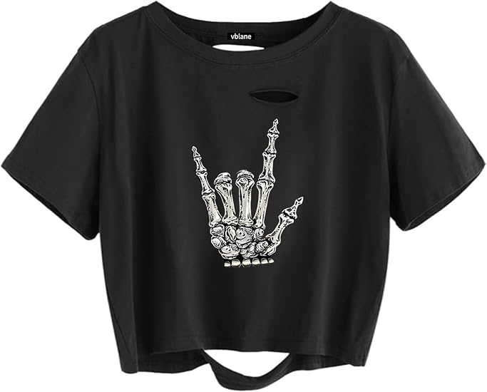 vblane Graphic Oversized Crop Tops for Women Loose Cropped Distressed Tshirt Short-Sleeve Vintage Boxy Tee Shirts - skull leggings