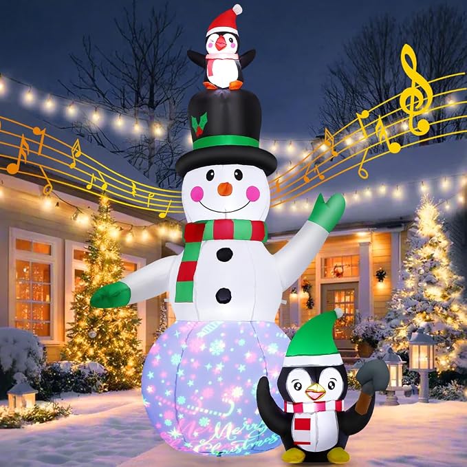 GOOSH 7 FT Christmas Inflatables Snowman and Penguin with Built-in Music & 360° Rotation Colorful Projector LED Light, Blow Up Snowman Outdoor Christmas Decoration for Holiday Party Xmas New Year - skull inflatable