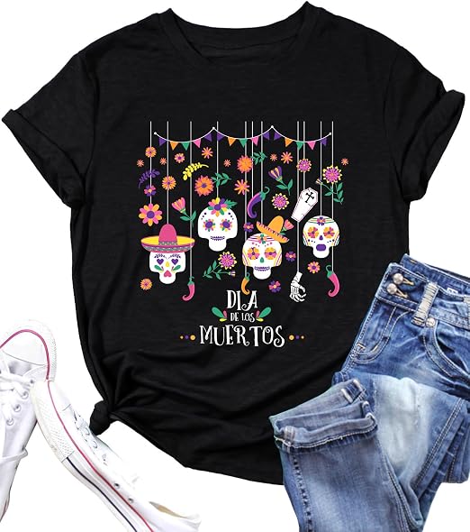 Dia De Los Muertos Shirt Women Funny Day of The Dead Skulls T-Shirt Fall Sugar Skull Garphic Tees Spooky Season Tops - sugar skull boots