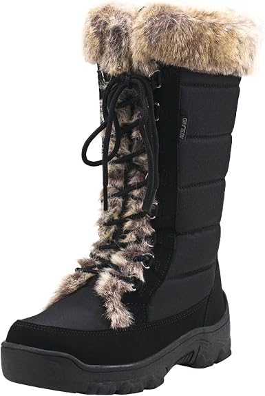 AUSLAND Women's Black Winter Snow Boots Twin Peaks Fur Cuff Mid-Calf Waterproof Lace Up Boots - sugar skull boots