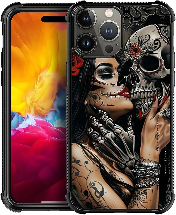 CARLOCA Compatible with iPhone 15 Pro Max Case, Day of The Dead Skeleton Girl Love Pattern for Girl Ultra Protection Shockproof Soft Silicone TPU Non-Slip Back - Skull phone case