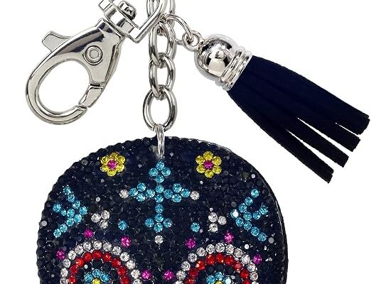 Sugar Skull Keychain – Black Sparkling Rhinestones Charm with Tassel, Fashionable Stylish Polyester PU Key Ring Bling Jewelry Accessory with Clasp For Key Chain, Bag, Purse & Backpack