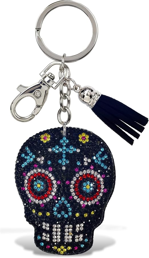 Sugar Skull Keychain – Black Sparkling Rhinestones Charm with Tassel, Fashionable Stylish Polyester PU Key Ring Bling Jewelry Accessory with Clasp For Key Chain, Bag, Purse & Backpack