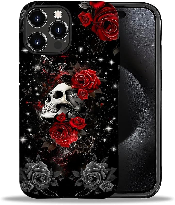 Compatible with iPhone 16 Pro Max Case, Skull Red Rose Pattern Print Matte Phone Case Durable Fashion Funny Liquid Silicone Case Soft Anti-Scratch Shockproof Protective Cover - Skull phone case