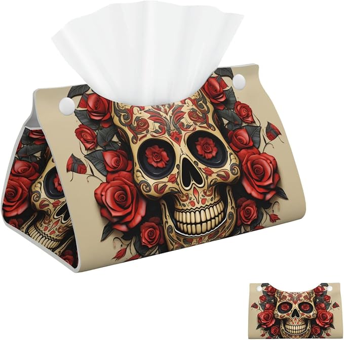 Tissue Box Cover PU Leather Rectangular Tissue Box Red rose sugar skull Tissue Holder Napkin Dispenser Decorative Tissue Box Holder Paper Holder for Bathroom Office 20 cm L x 12.5 cm W x 11.5 cmH - skull toilet paper