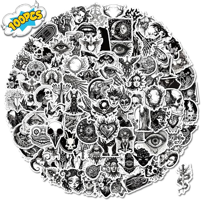 100pcs Funny Spooky Skull Gothic Sticker for Adults,Cool Waterproof Vinyl Horror Decals for Laptop, Water Bottle, Phone, Kindle, Journal, Scrapbook, Bumper, Skateboard, Luggage,No Repeats - skull sticker