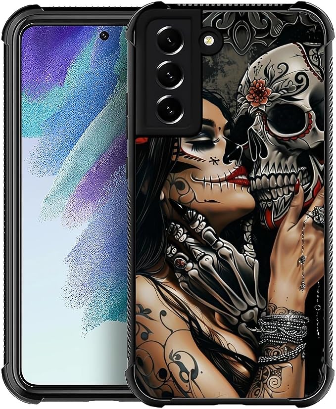 CARLOCA Compatible with Samsung Galaxy S21 Case, Day of The Dead Skeleton Girl Love Pattern for Girl Ultra Protection Shockproof Soft Silicone TPU Non-Slip Back - Skull phone case