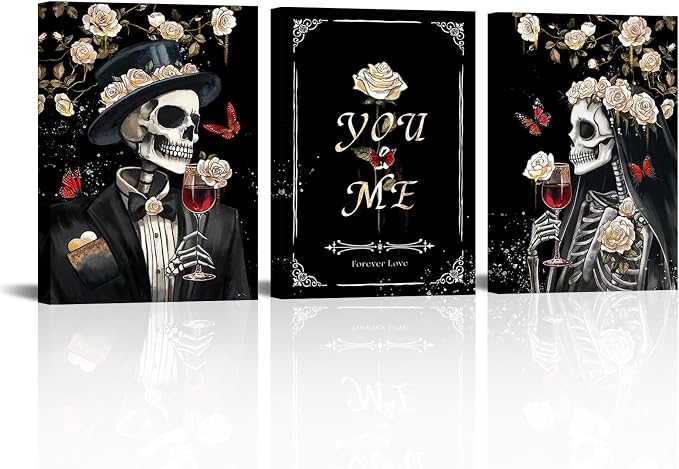 Sepwrol Abstract Couple Skull with Rose Canvas Wall Art Gothic Romantic Rose Skull Queen and King Prints Printing Artwork for Home Bedroom Office Wall Decor 12″x16″x3