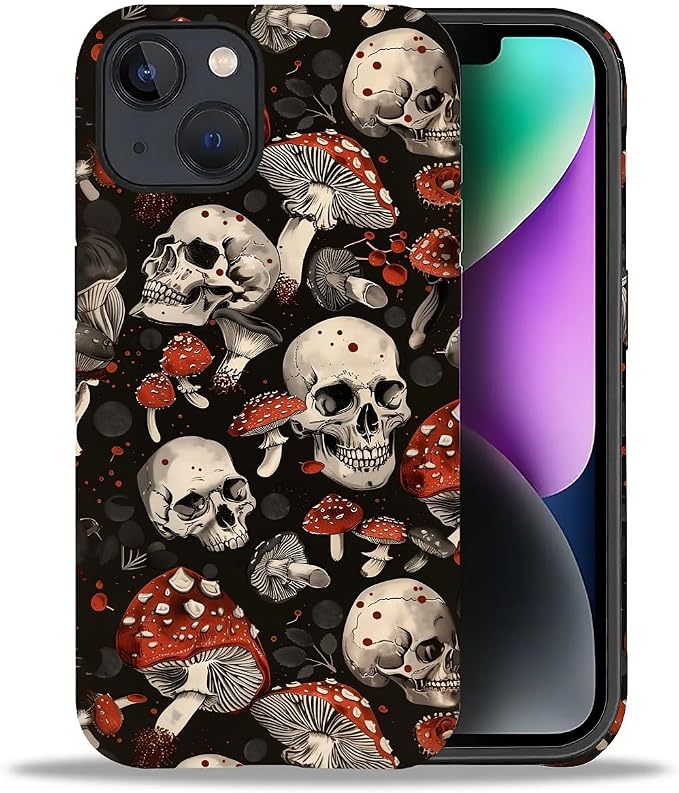 Compatible with iPhone 13/iPhone 14 Case, Mushroom Skull Pattern Print Phone Case Funny Liquid Silicone Case Impact Resistant Anti-Scratch Shockproof Protective Cover - Skull phone case