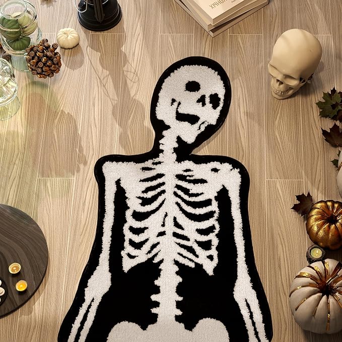 Halloween Bathroom Rugs, Spooky Skull Bath Mat Gothic Decor, Cool Rugs for Bedroom, High-Pile Soft Flocking Gothic Rug, Black & White, 28”×40” (Skeleton) - skull toilet mat