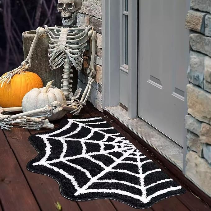 Halloween Spider Web Bath Mat, Spooky Halloween Bathroom Rugs, High-Pile Soft Flocking Cool Rugs for Bedroom, Gothic Rug Gothic Home Decor, 32”×20” (Spider Web) - skull toilet mat