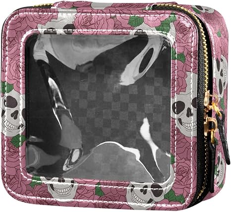 Clear Makeup Bag Pink Roses White Skulls Travel Toiletry Bag with Zipper Small MakeUp Organizer Travel Essentials Cosmetic Bags for Women - skull suitcase