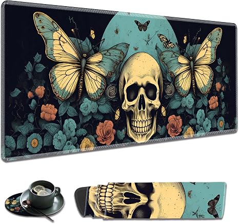 Large Gaming Mouse Pad Non-Slip Keyboard Pad Soft Extended Desk Mat Desktop Writing Pad (31.5"×11.8") Combined with Coasters, Home and Office Desktop Decor, Butterfly Skull - skull coaster