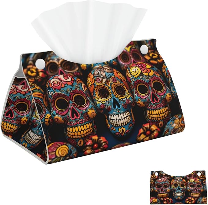 Tissue Box Cover PU Leather Rectangular Tissue Box Colorful Sugar Skulls Tissue Holder Napkin Dispenser Decorative Tissue Box Holder Paper Holder for Bathroom Office 20 cm L x 12.5 cm W x 11.5 cmH - skull toilet paper