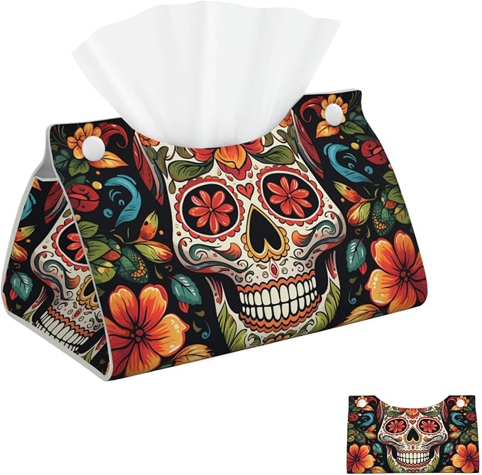 Tissue Box Cover PU Leather Rectangular Tissue Box Colorful Sugar Skull Tissue Holder Napkin Dispenser Decorative Tissue Box Holder Paper Holder for Bathroom Office 20 cm L x 12.5 cm W x 11.5 cmH - skull toilet paper