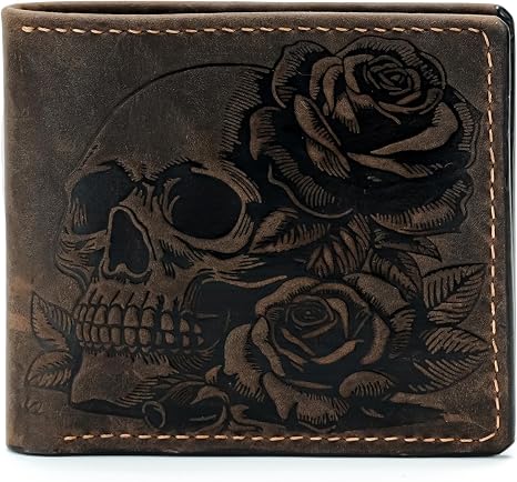 Genuine leather handmade Skull Rose wallet, bifold classic style ID card