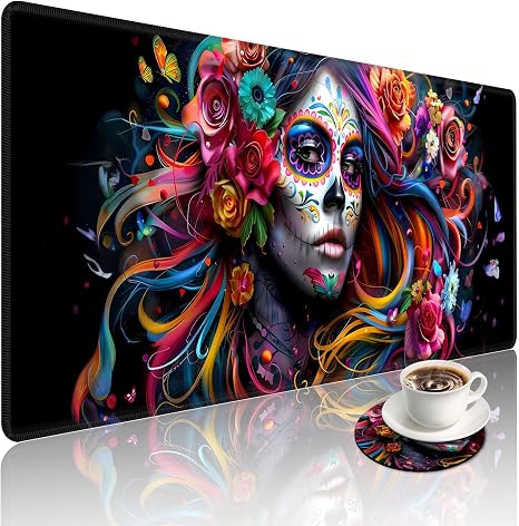 Sugar Skull Woman Large Gaming Mouse Pad with Coaster, Durable Stitched Edges Protection Design, Cute Large Desk Mat for Desktop, 35.4x15.7 inch XXL Extended Computer Mat for Gaming and Office - skull coaster