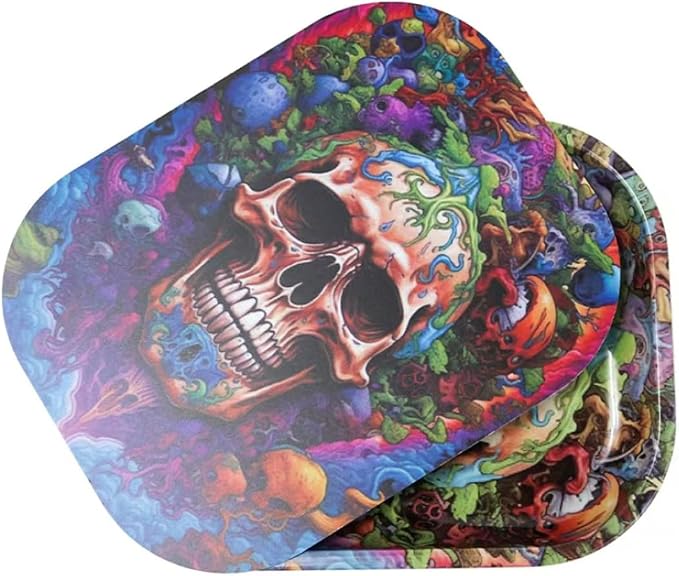 Metal Tray with Soft PVC Magnetic Lid Small Cute Decorative Tray Ideal Storage for Home or on The Go, 7"" x 5.5"" (Multicolor- Skulls) - skull ashtray