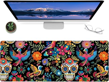 Day of The Dead Gaming Mouse Pad – 12×31.5in Non-Slip Rubber Desk Mat with Sugar Skull Floral Design – Large Extended Mousepad for Office Home – Deskmat Gifts for Día De Los Muertos Art Decor