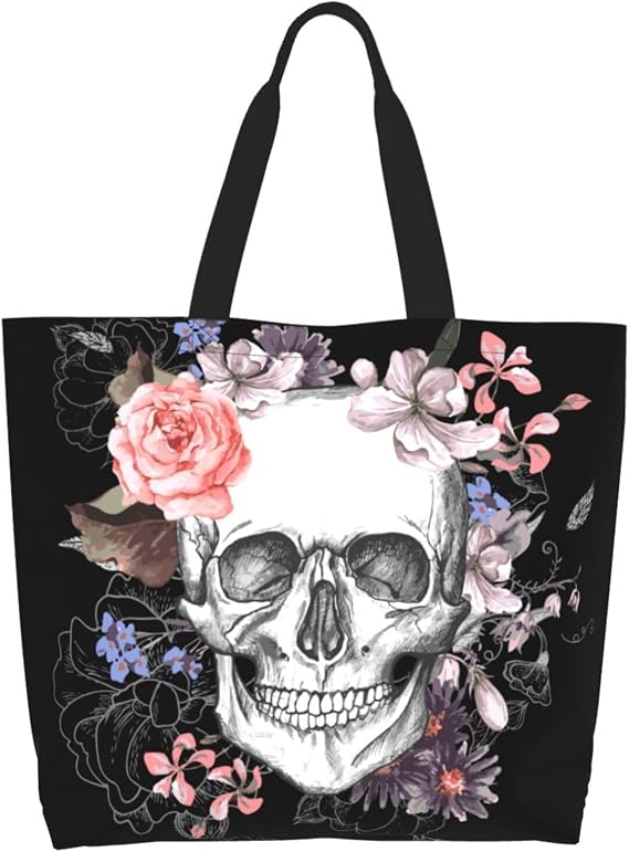 Skull Rose Tote Bag For Women, Large Shoulder Bags Foldable Grocery Handbag For Travel Shopping Sport Picnic - sugar skull handbags for sale