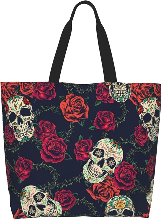 Skull Rose Tote Bag For Women, Large Shoulder Bags Foldable Grocery Handbag For Travel Shopping Sport Picnic - sugar skull handbags for sale