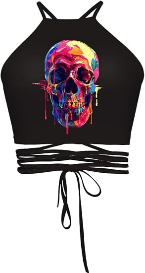 Sister Amy® Women's Halter Cross Back Boho Bandage Tank Camis Crop Top Vest - skull tank tops