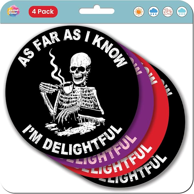 As Far as I Know I'm Delightful Stickers (4 Pk) - Multicolor - Waterproof Skeleton Stickers, No Fade - Funny Mental Health Stickers for Waterbottle, Tumbler, Laptop, Phone Case - skull sticker
