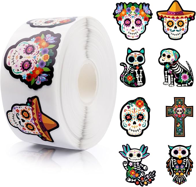 Sugar Skull Stickers Roll, 1000Pcs Day of The Dead Stickers Kids - skull sticker