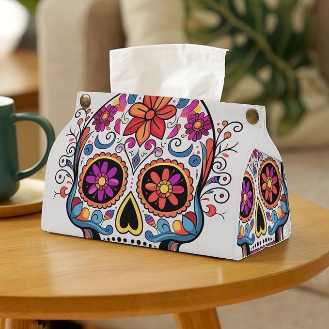 Tissue Box Cover Rectangular Tissue Box Holder Sugar Skull Tissue Holder Facial Paper Case Organizer Holder Dispenser for Bathroom Vanity Countertop Home Decor - skull toilet paper