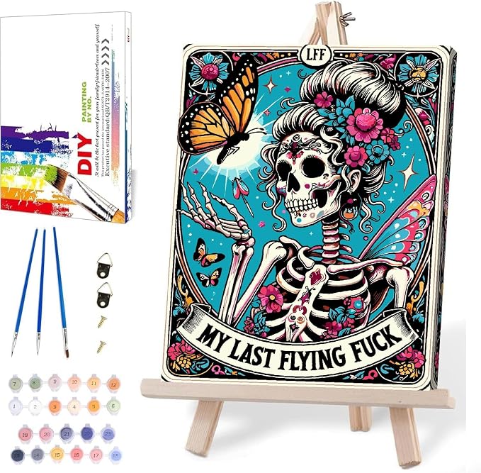 MIRCVSH Skeleton Paint by Numbers for Adults with Framed Canvas-with Wooden Easel,Paint by Number on Canvas,DIY Acrylic Oil Painting Kits with Brushes Nice Gift Box for Home Wall Decor(12x16 Inch) - skull painting