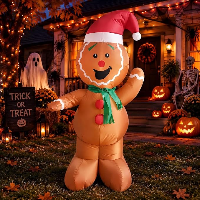 6FT Inflatable Gingerbread Man Halloween Christmas Decoration with LED - skull inflatable