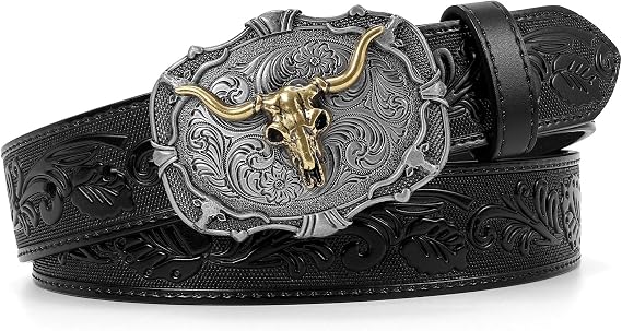 Cowboy Belts for Men Women Embossed Leather Western Belt with Horse Buckle - skull wallet